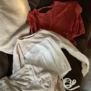 HOLLISTER waffle crop tops . $25 for all 3 . Tan, Rust , Tan with white